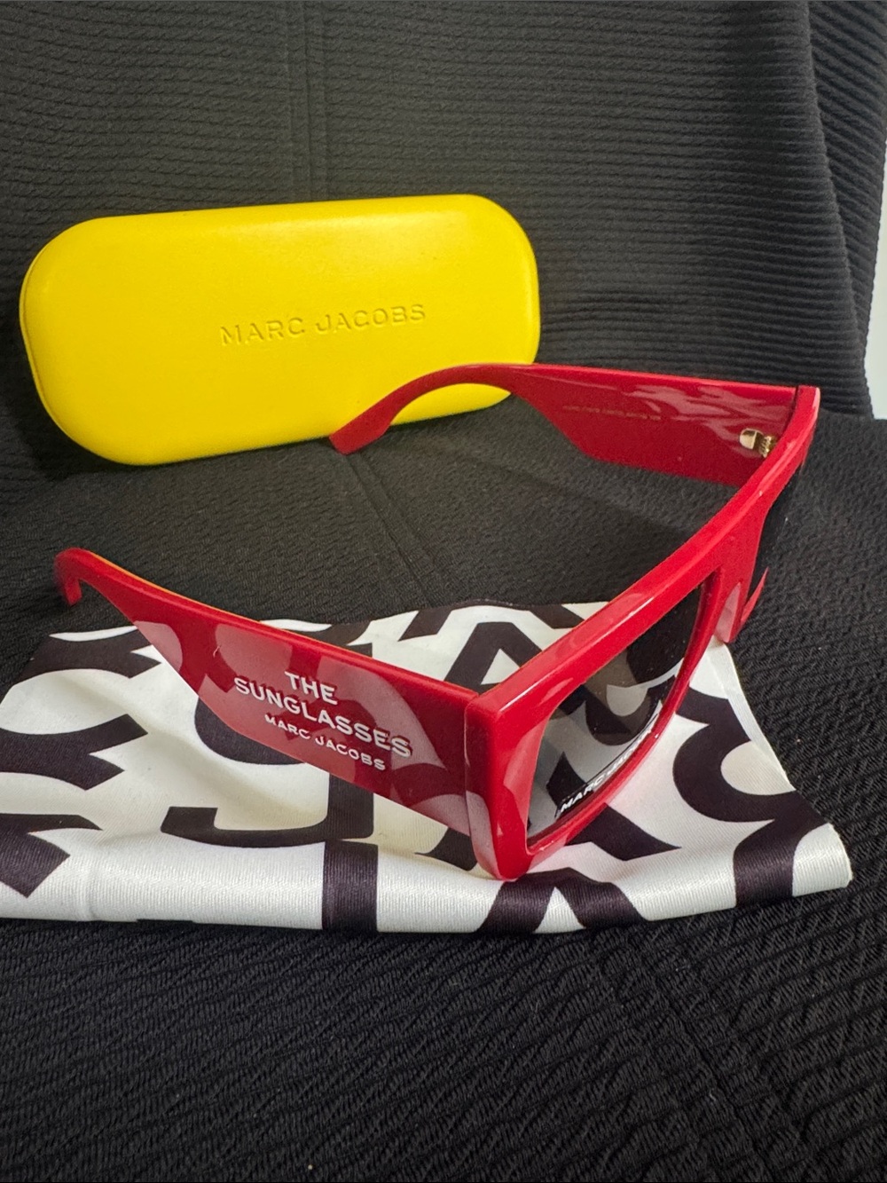 Marc Jacobs Red Chunky Rectangular Sunglasses with Yellow Case